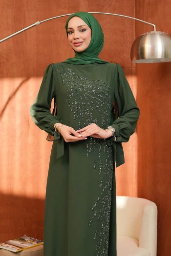 Yeşil Bisiklet Yaka Taş İşlemeli Abiye