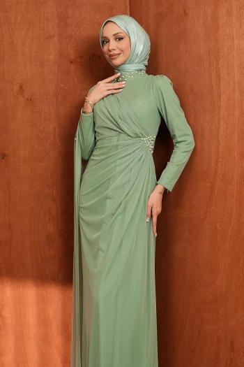 Yeşil Drapeli İnci Detaylı  Abiye