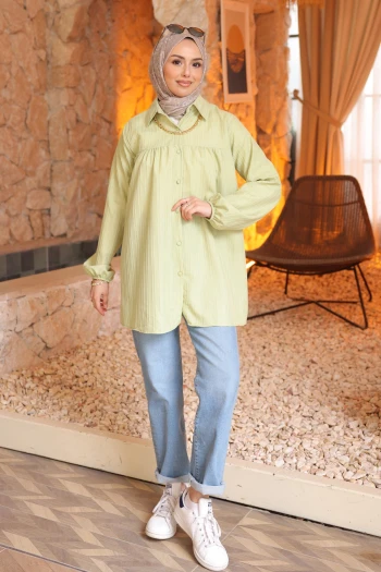 Yeşil Kol Lastikli Çizgili Gömlek Tunik