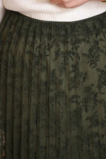 Yeşil Piliseli Flok Baskılı Astarlı Tül Etek