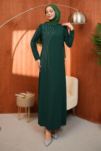 Zümrüt Yeşili Bisiklet Yaka Taş İşlemeli Abiye