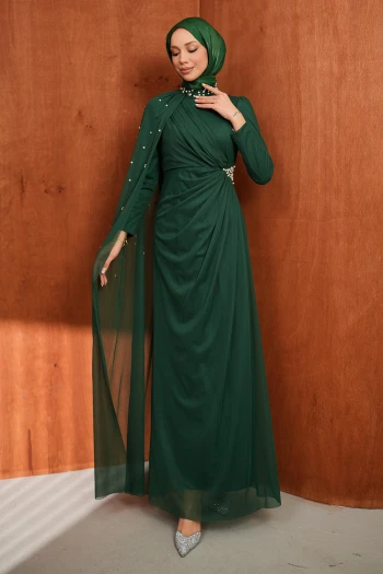 Zümrüt Yeşili Drapeli İnci Detaylı  Abiye
