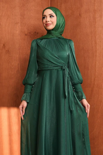 Zümrüt Yeşili Yan Bağlamalı Kol Detaylı Abiye