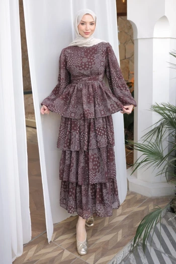 Acı Kahve Eteği Katlı Desenli Şifon Elbise