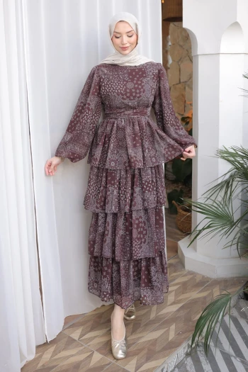 Acı Kahve Eteği Katlı Desenli Şifon Elbise