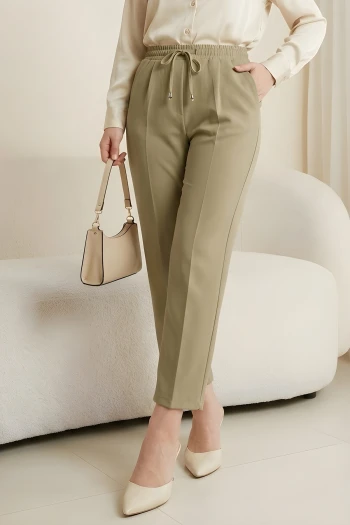 Açık Haki Bel Lastikli Cepli Dabıl Havuç Pantolon