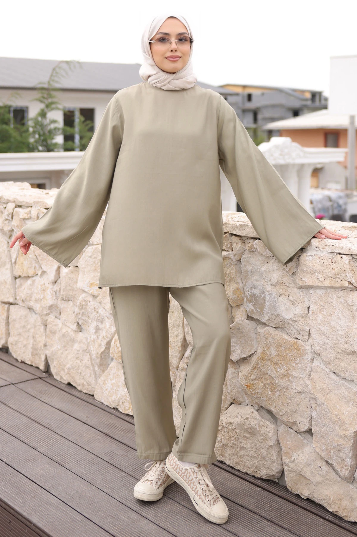 Açık Haki İspanyol Kol Tunik Pantolonlu Takım