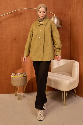 Açık Haki Kravuze Yaka Düğmeli Oversize Kot Ceket