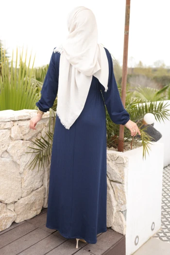 Açık Lacivert Bisiklet Yaka Bel Ve Kol Lastikli Bürümcük Elbise