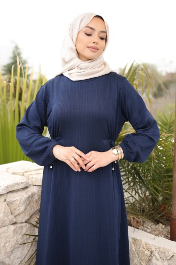 Açık Lacivert Bisiklet Yaka Bel Ve Kol Lastikli Bürümcük Elbise