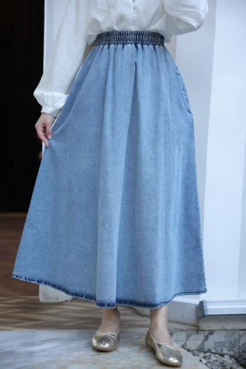 Açık Mavi Bel Lastikli Cepli Kot Etek