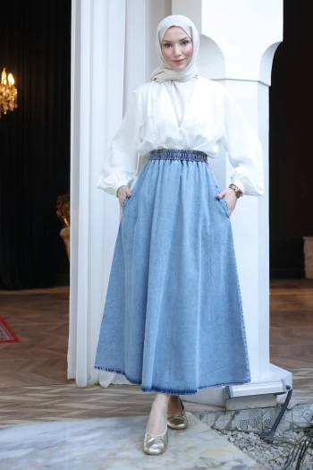 Açık Mavi Bel Lastikli Cepli Kot Etek