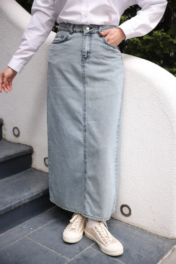 Açık Mavi Önü Fermuarlı Uzun Kot Etek