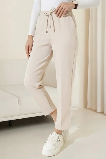 Açık Vizon Bel Lastikli Cepli Dabıl Havuç Pantolon