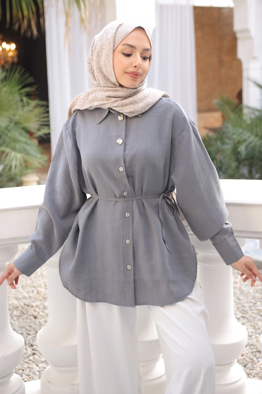 Antrasit Bel Bağlamalı Düğmeli Gömlek