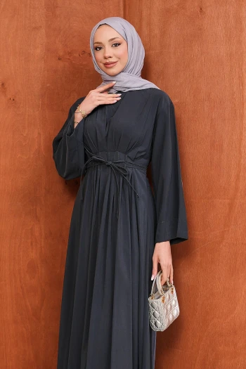 Antrasit Bel Bağlamalı Piliseli Elbise