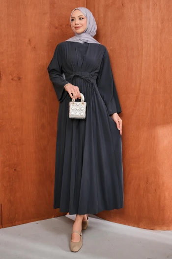 Antrasit Bel Bağlamalı Piliseli Elbise