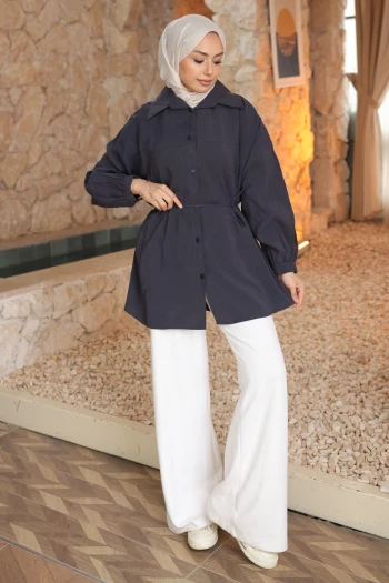 Antrasit Biye Detaylı İp Bağlamalı Modal Dokuma Gömlek