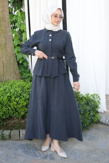 Antrasit Desenli Modal Gömlek Etekli Takım