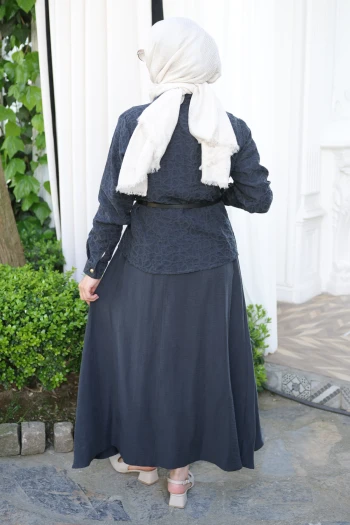 Antrasit Desenli Modal Gömlek Etekli Takım