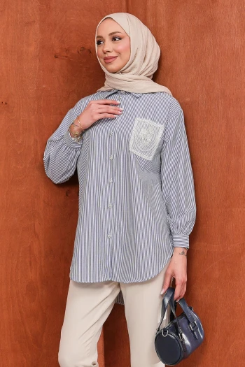 Antrasit Düğmeli Çizgili Taş Detaylı Gömlek