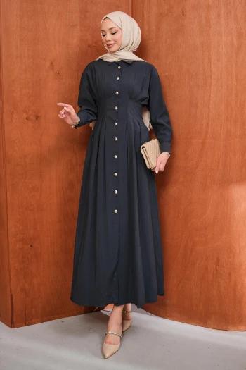 Antrasit Düğmeli Pileli Elbise