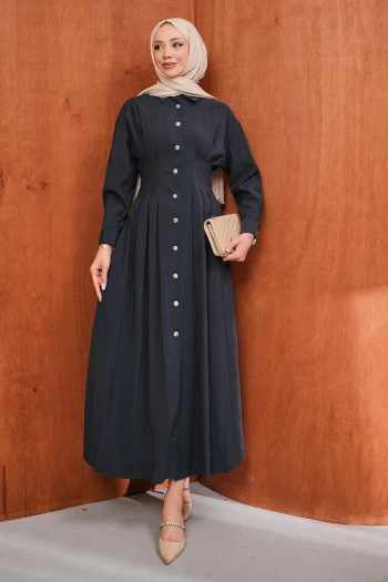 Antrasit Düğmeli Pileli Elbise