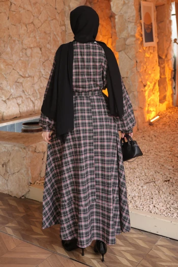 Antrasit Kuşaklı Önü Düğmeli Uzun Ekose Elbise