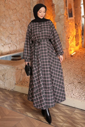 Antrasit Kuşaklı Önü Düğmeli Uzun Ekose Elbise