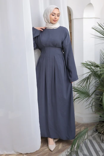 Antrasit Pens Dikişli Bel Lastikli Modal Dokuma Elbise
