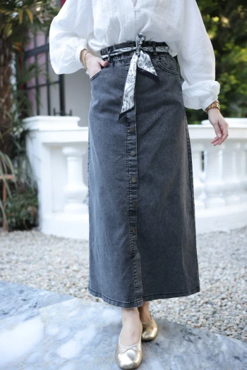 Antrasit Şal Kemerli Bel Lastikli Kot Etek