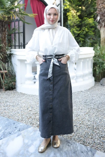 Antrasit Şal Kemerli Bel Lastikli Kot Etek