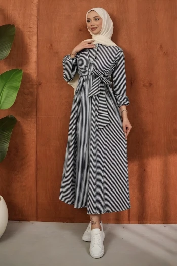Antrasit Yaka Düğmeli Yan Bağlamalı Çizgili Elbise