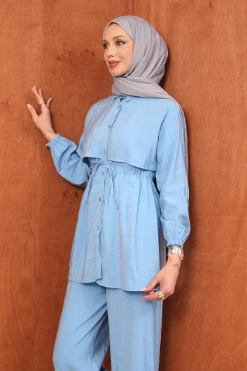 Bebe Mavi Bel Bağlamalı Tunik Pantolonlu Takım