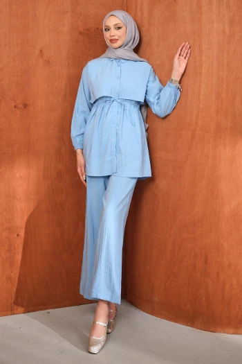 Bebe Mavi Bel Bağlamalı Tunik Pantolonlu Takım