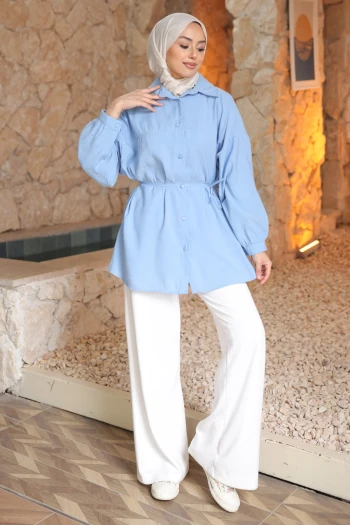 Bebe Mavi Biye Detaylı İp Bağlamalı Modal Dokuma Gömlek