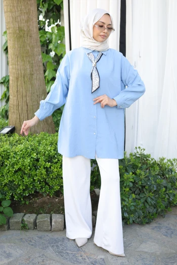 Bebe Mavi Etnik Fularlı Modal Dokuma Gömlek