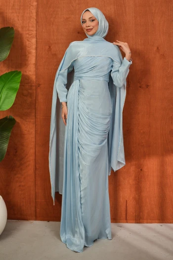 Bebe Mavi İnci Pelerinli Önü Büzgülü Abiye