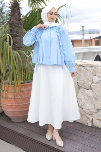 Bebe Mavi Omuz Büzgülü Gömlek