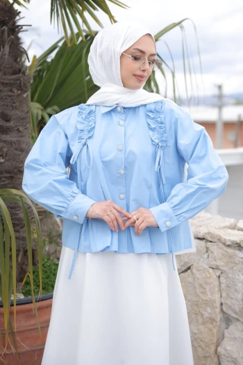 Bebe Mavi Omuz Büzgülü Gömlek