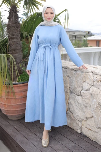 Bebe Mavi Ön Etek Pileli Belden  Bağlamalı Modal Dokuma Elbise