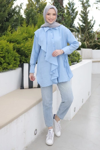 Bebe Mavi Önü Fırfır Detaylı Gömlek