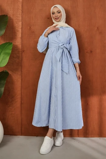 Bebe Mavi Yaka Düğmeli Yan Bağlamalı Çizgili Elbise