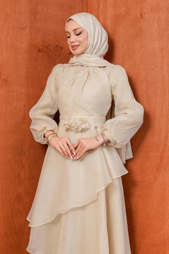 Bej Balon Kol Katlı Abiye