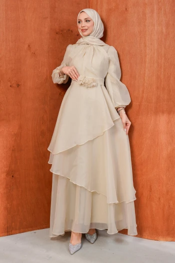 Bej Balon Kol Katlı Abiye