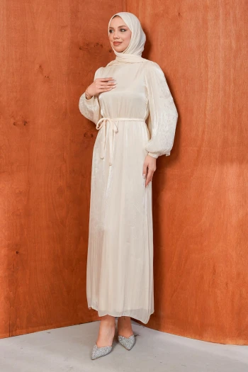 Bej Balon Kol Taşlı Abiye