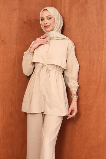 Bej Bel Bağlamalı Tunik Pantolonlu Takım