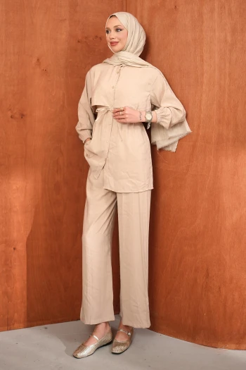 Bej Bel Bağlamalı Tunik Pantolonlu Takım