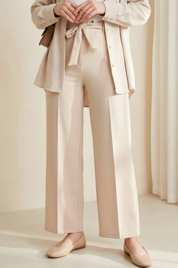 Bej Bel Lastikli Cepli Bol Paça Pantolon