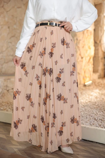 Bej Bel Lastikli Desenli Şifon Etek